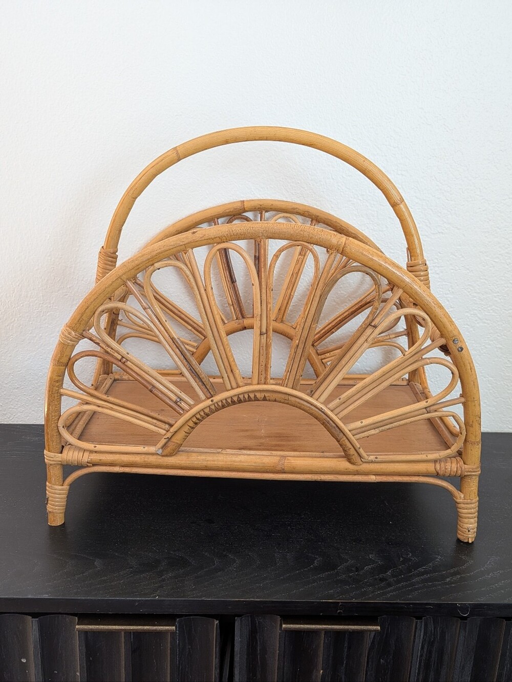 Vintage Bamboo Rattan Magazine Rack Curved Light Natural Mid-Century Cottagecore